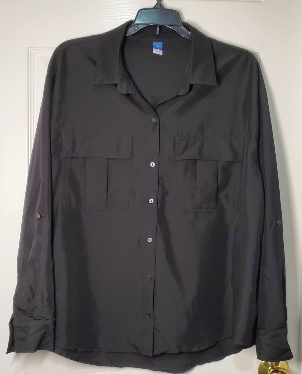 Old Navy Womens Large Black Button Front Utility Blouse Roll Tab Career Top